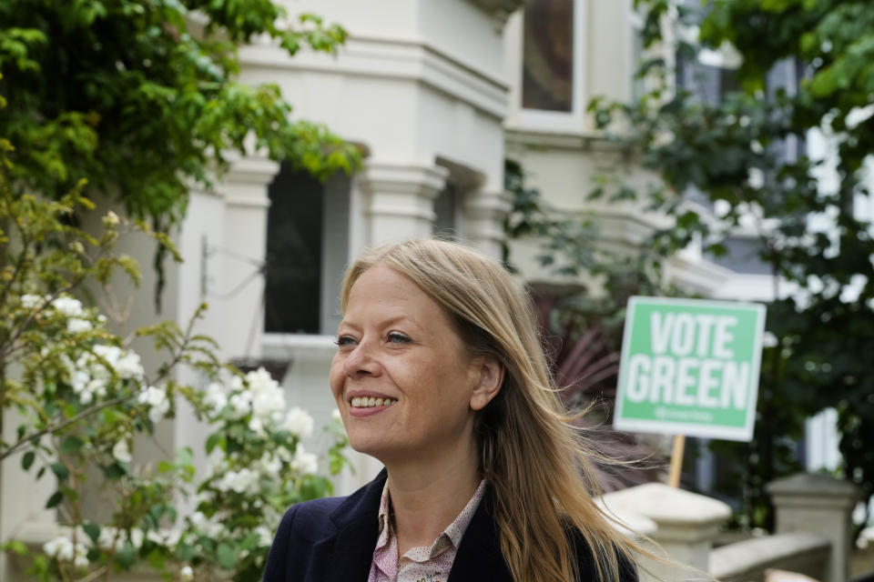 Sian Berry, The Green Party candidate for Brighton Pavillion speaks to The Associated Press in the Round Hill Ward in Brighton, East Sussex, England, Wednesday, June 12, 2024. There’s lots of talk of change in Britain’s election campaign, but little talk about climate change. The U.K.’s July 4 vote to choose a new government comes after one of the wettest and warmest winters on record, part of trends scientists attribute to global warming. (AP Photo/Kirsty Wigglesworth)