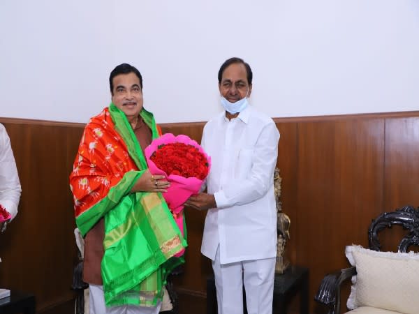 Union Minister Nitin Gadkari meets Telangana Chief Minister K Chandrasekhar Rao (Photo/ANI)