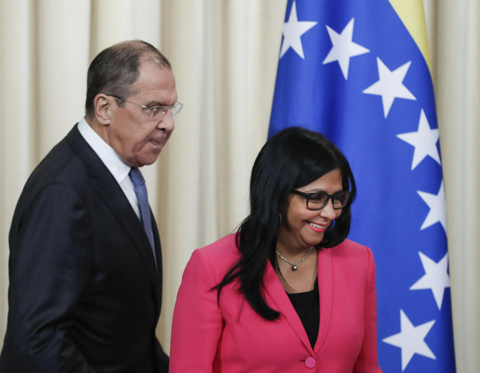 Russian Foreign Minister Sergey Lavrov, left, and Venezuela's Vice President Delcy Rodriguez arrive for their joint news conference following talks in Moscow, Russia, Friday, March 1, 2019. Venezuela’s vice president is visiting Russia, voicing hope for stronger ties with Moscow amid the U.S. pressure. (AP Photo/Pavel Golovkin)
