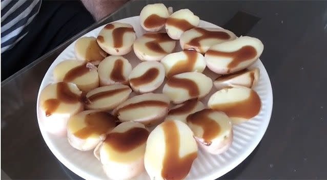 Breakfast on day 2 consisted of potatoes covered in barbeque sauce. Source: 