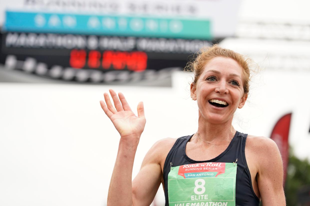 SAN ANTONIO, TEXAS - DECEMBER 05: Andrea Pomaranski reacts after winning the women's half marathon at Rock 'n' Roll Running Series San Antonio on December 05, 2021 in San Antonio, Texas.