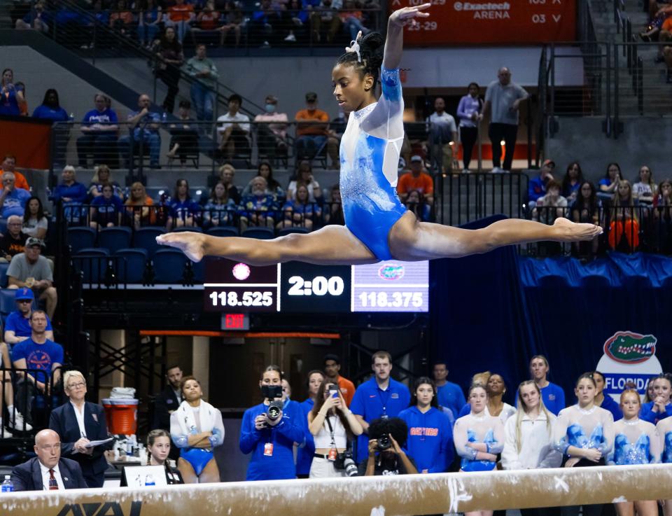 Florida Gators gymnast Anya Pilgrim performs on the balance beam. The Florida Gators hosted the Alabama Crimson Tide at Exactech Arena at The Stephen C O'Connell Center in Gainesville, FL on Friday, January 26, 2024. [Doug Engle/Gainesville Sun]