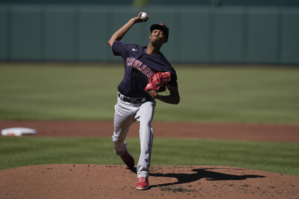 Cleveland Guardians starting pitcher Triston McKenzie throws a pitch to the Baltimore Orioles during the first inning of a baseball game, Saturday, June 4, 2022, in Baltimore. (AP Photo/Julio Cortez)