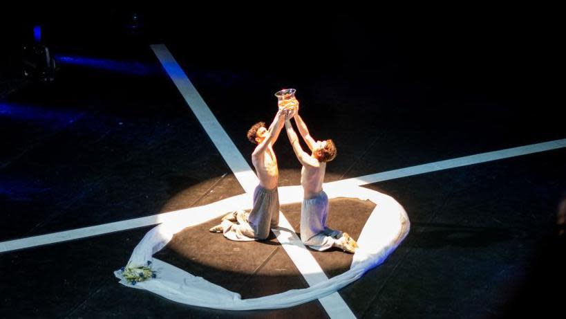 Ballet dancers dance on a theater stage during a ballet performance on December 11, 2022 in Lviv, Ukraine. 