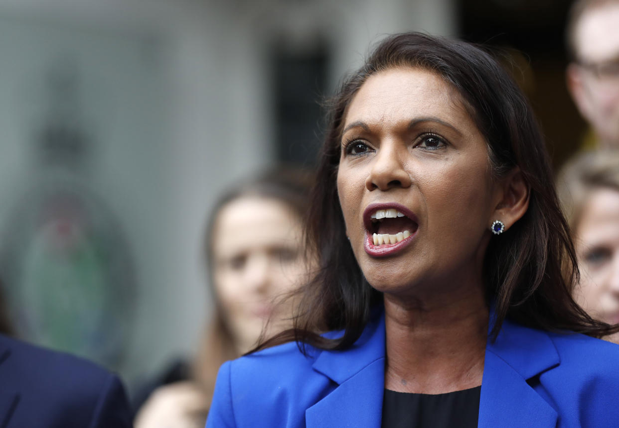 Anti-Brexit campaigner Gina Miller speaks outside the Supreme Court in London, Tuesday, Sept. 24, 2019 after it made it's decision on the legality of Prime Minister Boris Johnson's five-week suspension of Parliament. In a setback for Johnson, Britain's Supreme Court has ruled that the suspension of Parliament was illegal. The ruling Tuesday is a major blow to the prime minister who had suspended Parliament for five weeks, claiming it was a routine closure. (AP Photo/Frank Augstein)