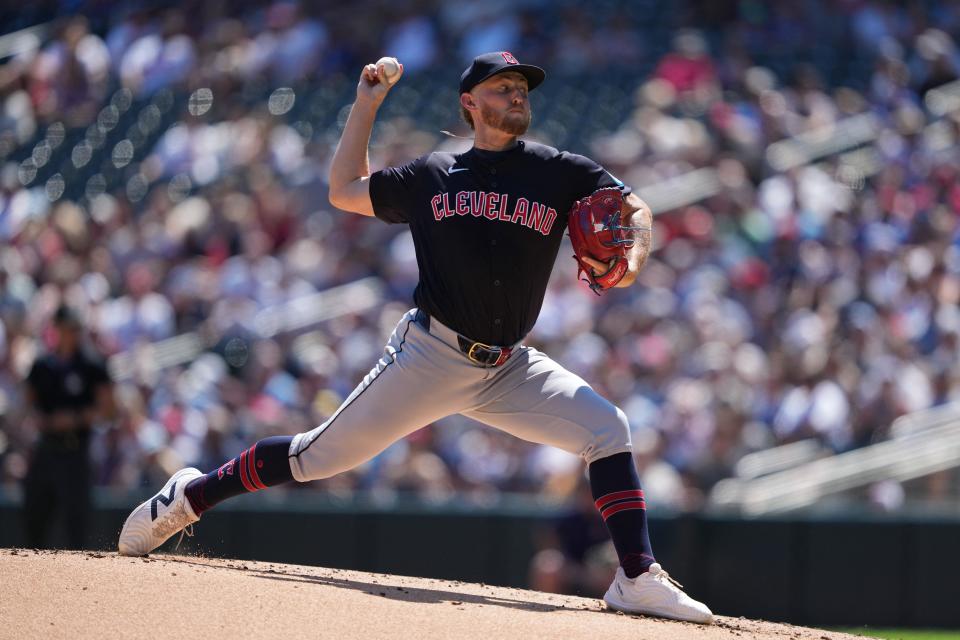 Aug 11, 2024; Minneapolis, Minnesota, USA; Cleveland Guardians starting pitcher Tanner Bibee (28) delivers a pitch during the first inning against the Minnesota Twins at Target Field. Mandatory Credit: Jordan Johnson-USA TODAY Sports