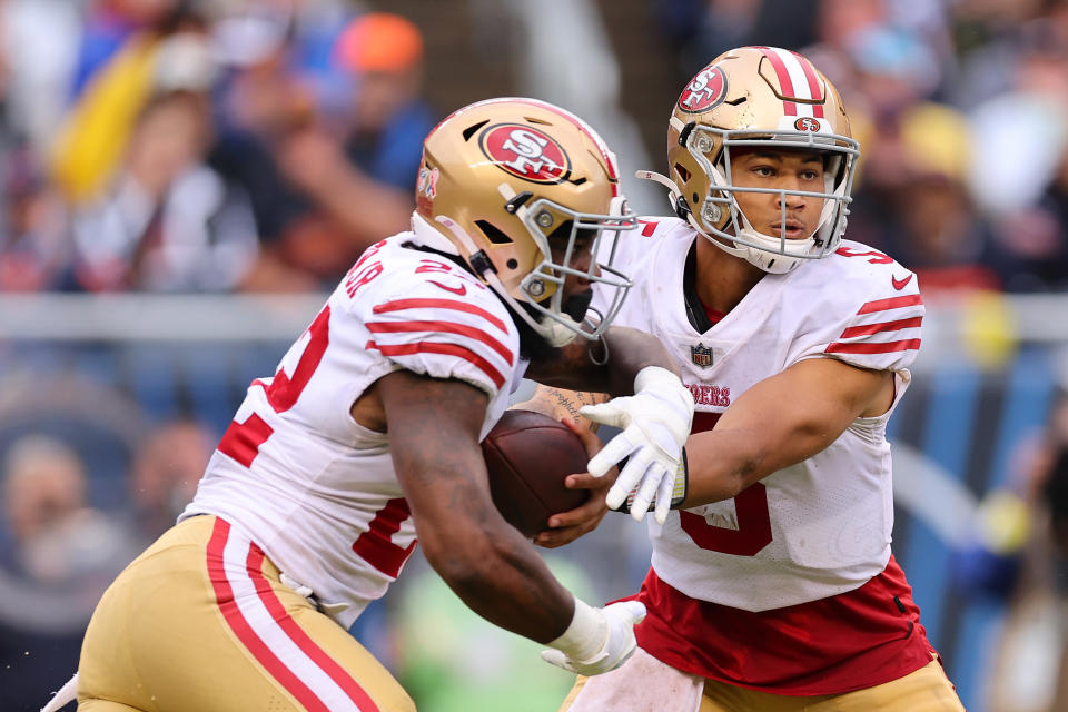 Quarterback Trey Lance #5 of the San Francisco 49ers will have a new running back to help get fantasy points for