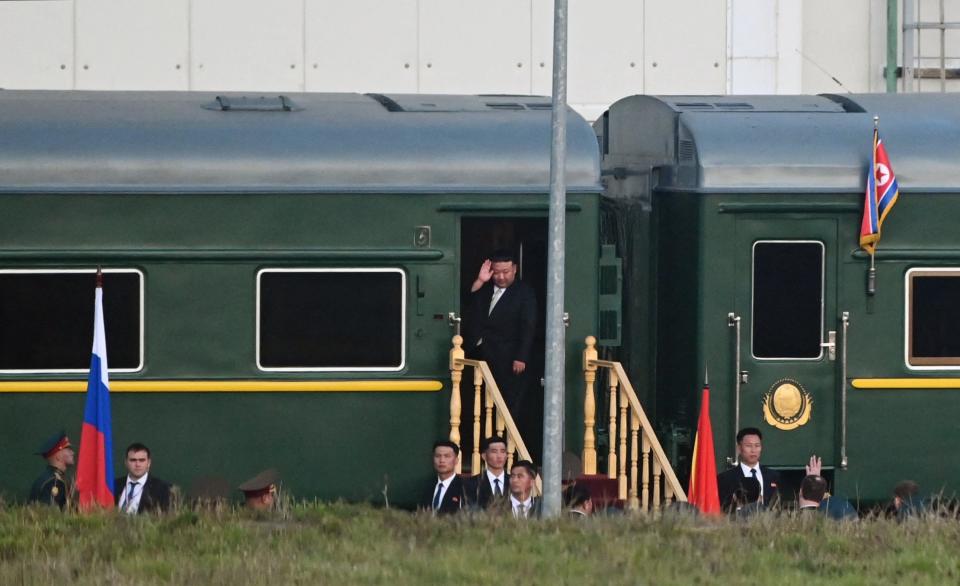 North Korean leader Kim Jong Un leaving the Vostochny Cosmodrome in the Amur region aboard his special train, on September 13, 2023, after talks with the Russian president. <em>Photo by PAVEL BYRKIN/POOL/AFP via Getty Images</em>