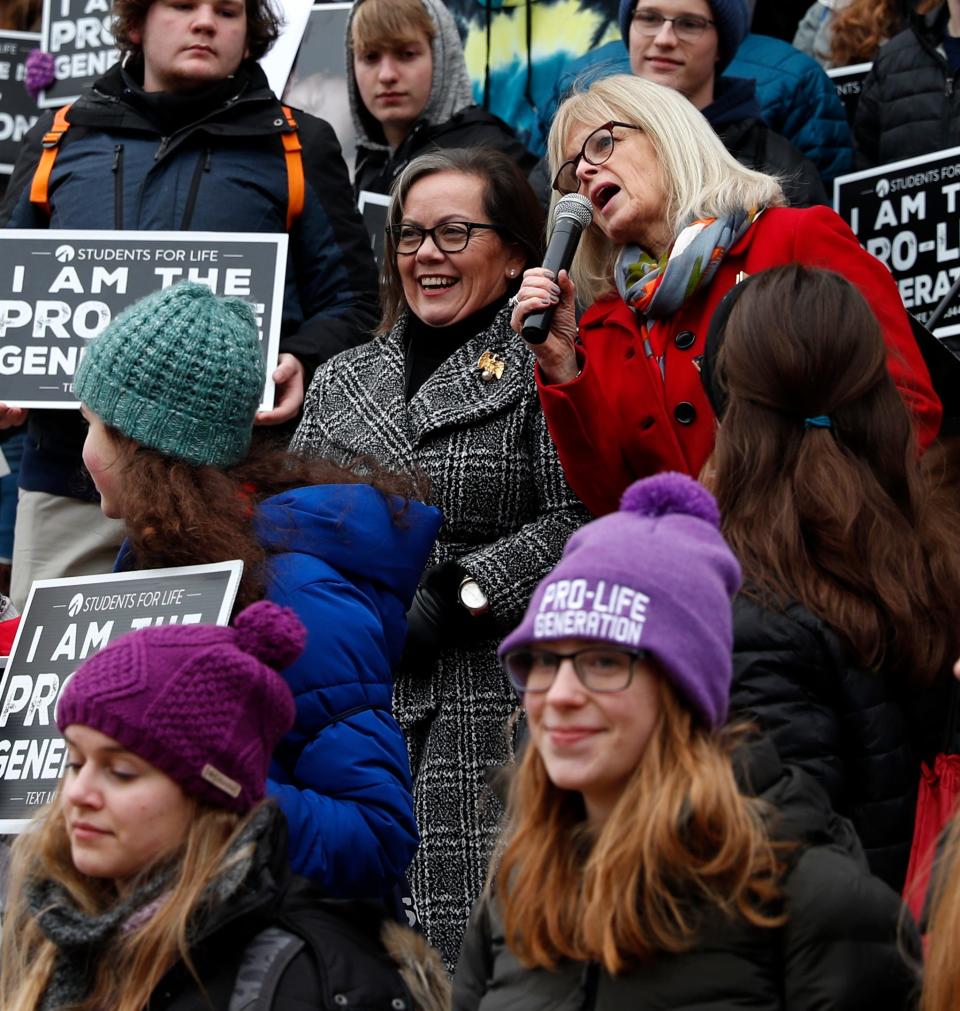 State Rep. Joanna King and State Sen. Liz Brown speak during the Indiana March for Life event, Monday, Jan. 24, 2022, at the Indiana Statehouse in Indianapolis.