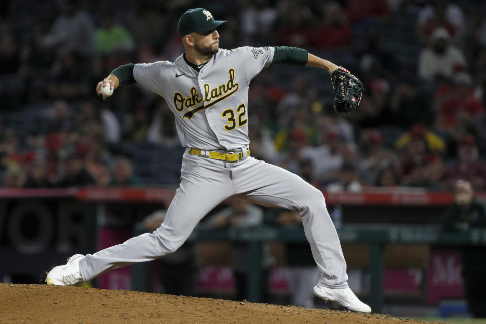 Oakland Athletics starting pitcher James Kaprielian winds up during the fifth inning of the team's baseball game against Los Angeles Angels in Anaheim, Calif., Saturday, Sept. 18, 2021. (AP Photo/Alex Gallardo)