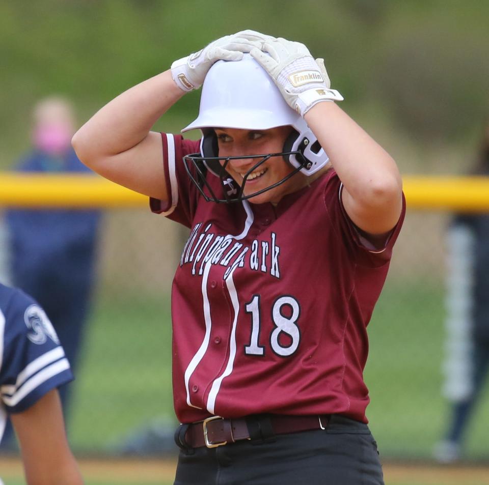 Makayla Schwippert of Whippany Park after getting to second as Whippany Park played Randolph in Girls Softball on April 30, 2021.