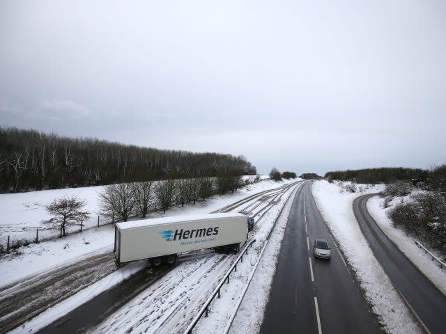 A lorry stuck on the A14 in Northampton (PA)