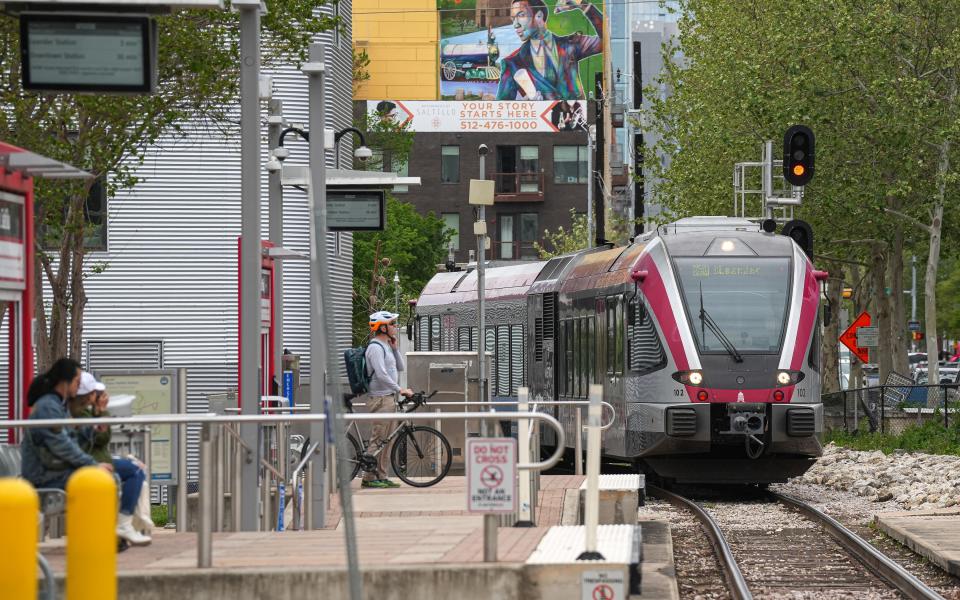 A MetroRail train pulls in to CapMetro's Plaza Saltillo station on Friday, March 17, 2023 in East-Central Austin.