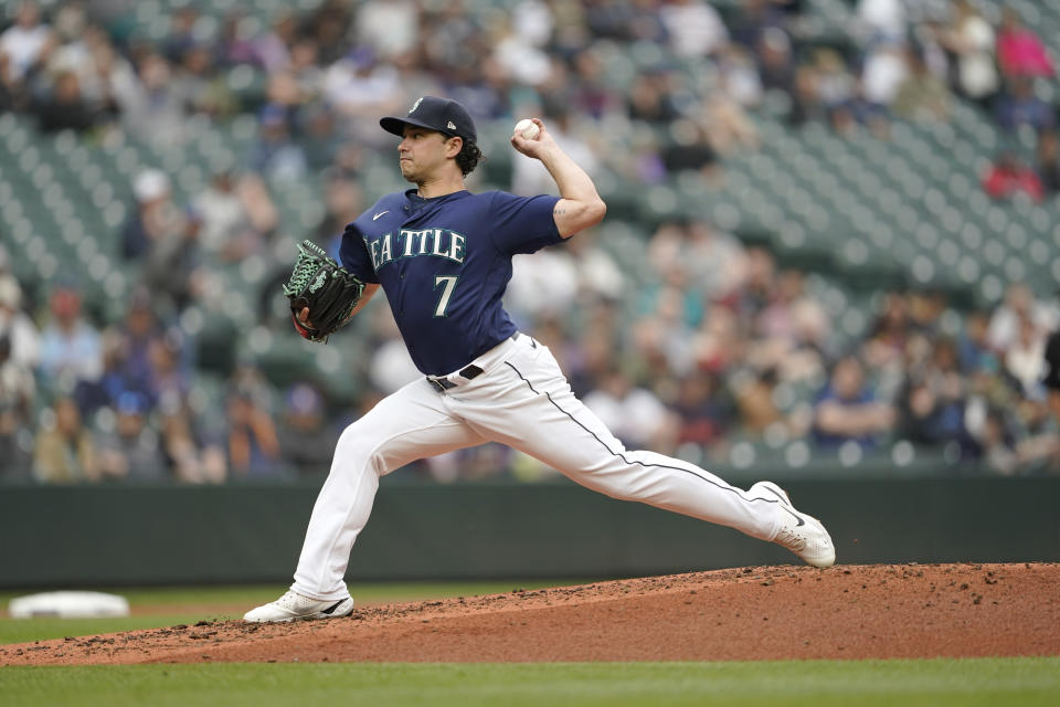 Seattle Mariners starting pitcher Marco Gonzales throws against the Minnesota Twins during the third inning of a baseball game, Wednesday, June 15, 2022, in Seattle. (AP Photo/Ted S. Warren)