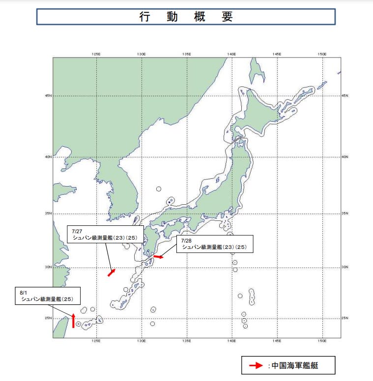 日本防衛省發布中國艦艇動向，指7月27日從大隅海峽進入太平洋的解放軍海軍測量艦「海洋二十五號」，8月1日經台灣和與那國島間水域北上。   圖：翻攝統合幕僚監部官網
