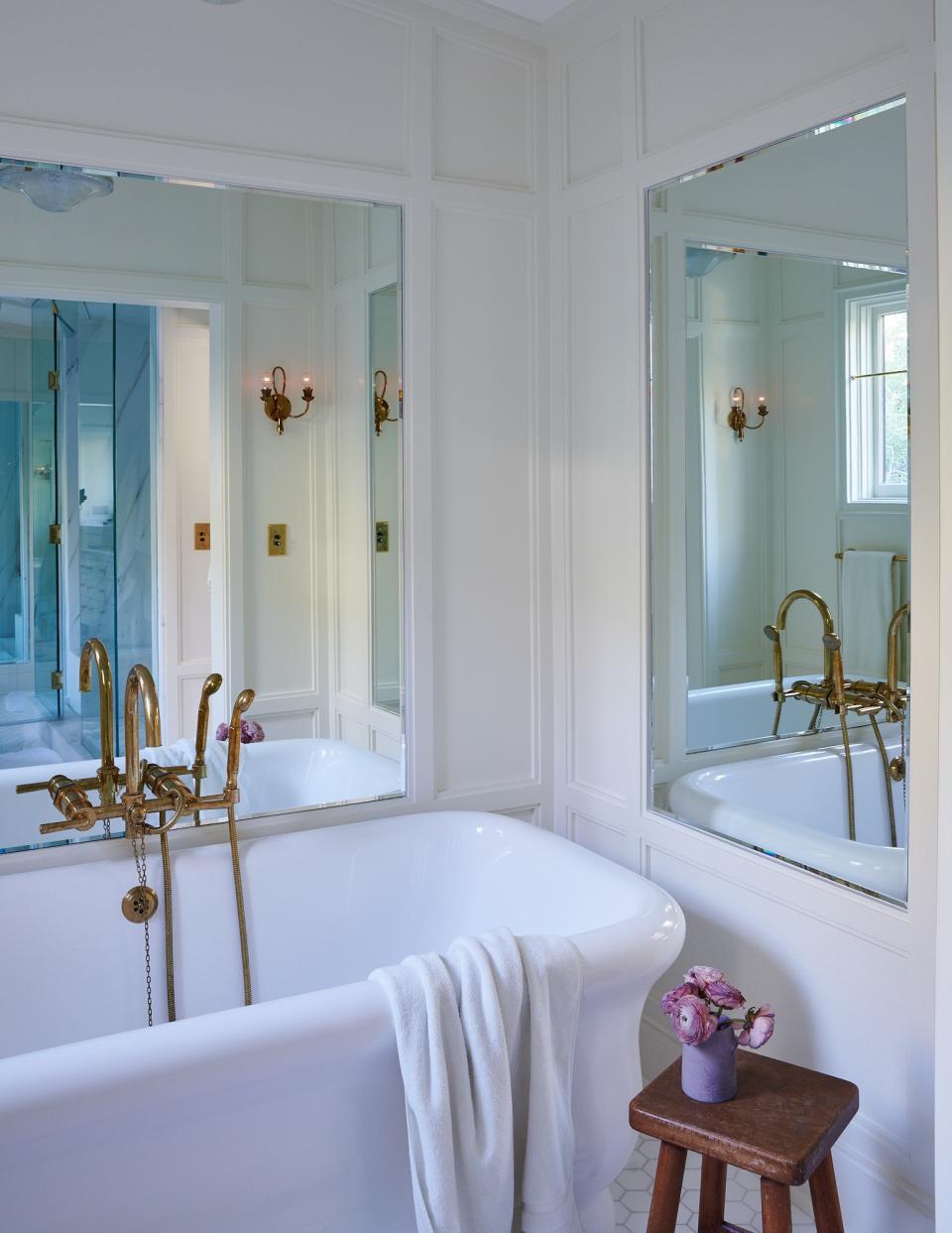 “Really all I care about in life is being able to take a bath,” Wilson laughs. Levine carved out space in the master suite for a petite tub room, where the actress can unwind after a long day of shooting. The bathtub and faucet are both from Waterworks.