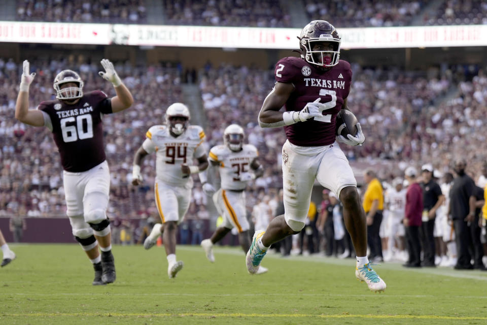 Texas A&M running back Rueben Owens (2) skips into the end-zone for a touchdown against Louisiana-Monroe during the second half of an NCAA college football game Saturday, Sept. 16, 2023, in College Station, Texas. (AP Photo/Sam Craft)