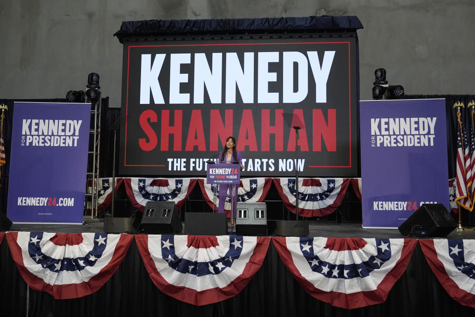 Nicole Shanahan speaks during a campaign event for Presidential candidate Robert F. Kennedy Jr., Tuesday, March 26, 2024, in Oakland, Calif. Shanahan has been picked as Kennedy Jr.'s running mate. (AP Photo/Eric Risberg)