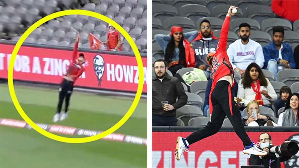 Jake Fraser-McGurk (pictured) takes a one-handed catch during the Big Bash.