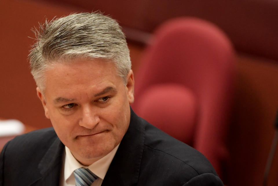 CANBERRA, AUSTRALIA - JULY 04: Senator Matihias Cormann in the Senate at Parliament House on July 04, 2019 in Canberra, Australia. Prime Minister Scott Morrison is introducing his proposed $158 billion income tax cut plan into the Senate today, after it passed the Lower House on Tuesday night.  (Photo by Tracey Nearmy/Getty Images)