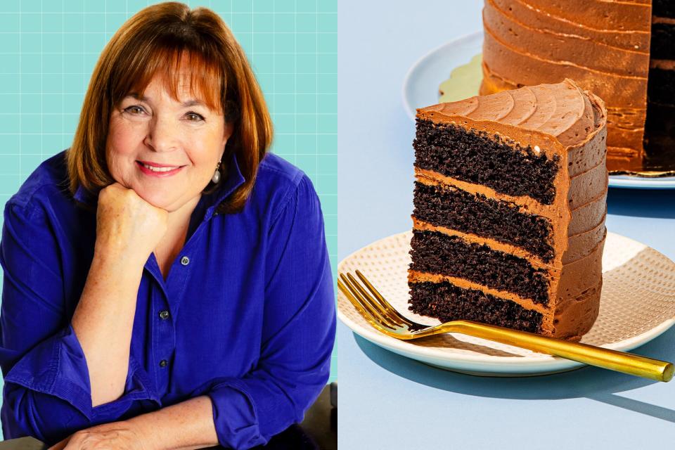 Ina Garten on a designed background next to a piece of chocolate Cake