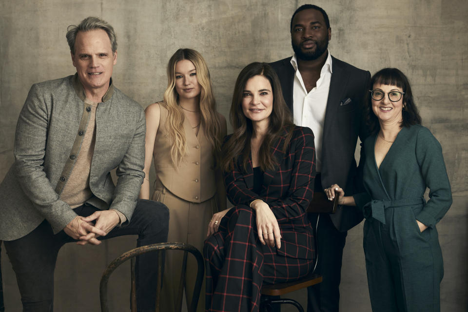 PASADENA, CALIFORNIA - JANUARY 14: (L-R) Michael Park, West Duchovny, Betsy Brandt, Josh Bonzie, and Leila Gerstein of Hulu's 'Saint X' pose for a portrait during the 2023 Winter Television Critics Association Press Tour at The Langham Huntington, Pasadena on January 14, 2023 in Pasadena, California. (Photo by JSquared Photography/Getty Images)