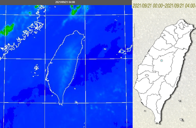 氣象專家吳德榮表示，今晨4時紅外線色調強化雲圖顯示，台灣晴朗無雲（左），各地無降雨（右）。（擷取自「三立準氣象· 老大洩天機」）