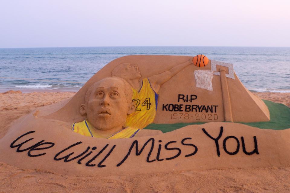 A sand sculpture by Indian artist Sudarsan Pattnaik, depicting American professional basketball player Kobe Bryant with the message 'we will miss you', is pictured at Puri beach, some 65 km away from Bhubaneswar. (Credit: STR/AFP via Getty Images)