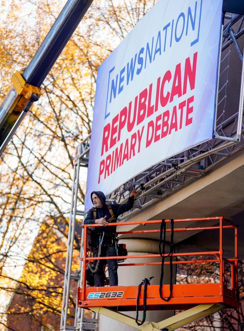 Dec 5, 2023; Tuscaloosa, AL, USA; Sign riggers work on the signage for the Republican Primary Debate outside Moody Music Hall on the campus of the University of Alabama in Tuscaloosa Tuesday, Dec. 5, 2023. The debate takes places on Dec. 6.