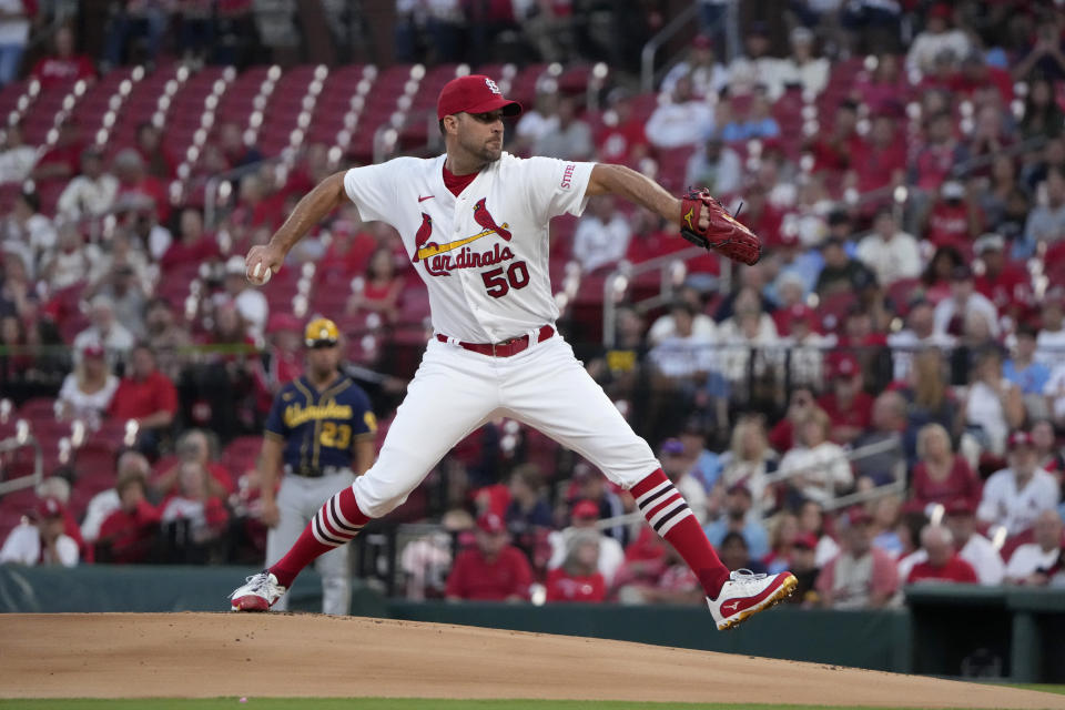 St. Louis Cardinals starting pitcher Adam Wainwright throws during the first inning of a baseball game against the Milwaukee Brewers Monday, Sept. 18, 2023, in St. Louis. (AP Photo/Jeff Roberson)