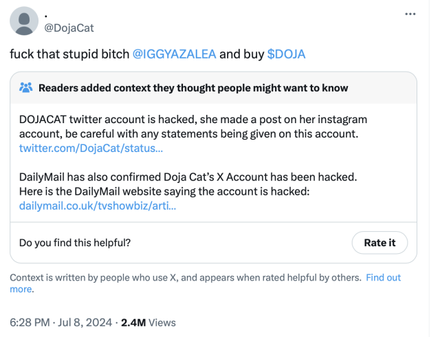 Doja Cat Claims Her X Account Was Hacked After Insulting Iggy Azalea, Mentioning Nicki Minaj