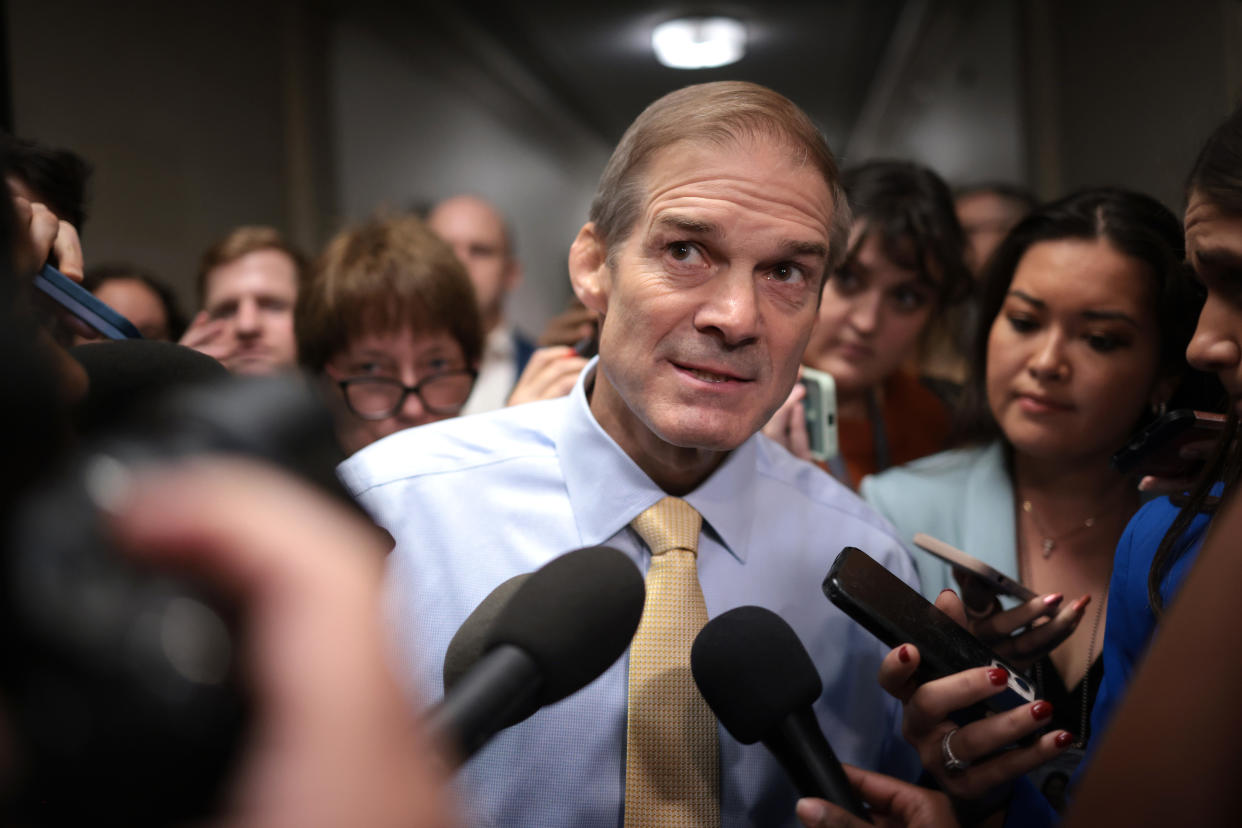 Ohio Rep. Jim Jordan speaks to reporters as House Republicans hold a caucus meeting last Friday in Washington, D.C. 