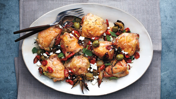 Roasted Chicken Thighs with Tomatoes, Olives, and Feta