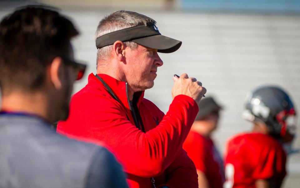 West Allegheny head football coach Dave Schoppe watches drills during practice Aug. 12.