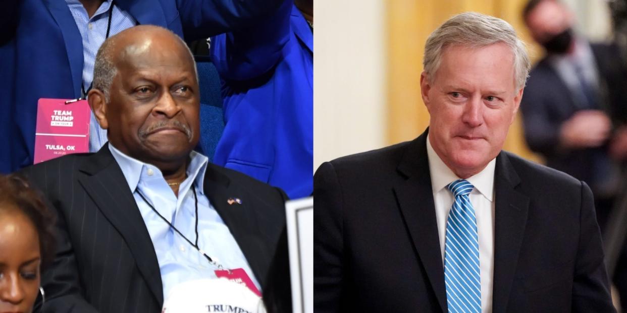 Herman Cain, seen at the 2020 Tulsa Trump rally, and former White House Chief of Staff Mark Meadows.