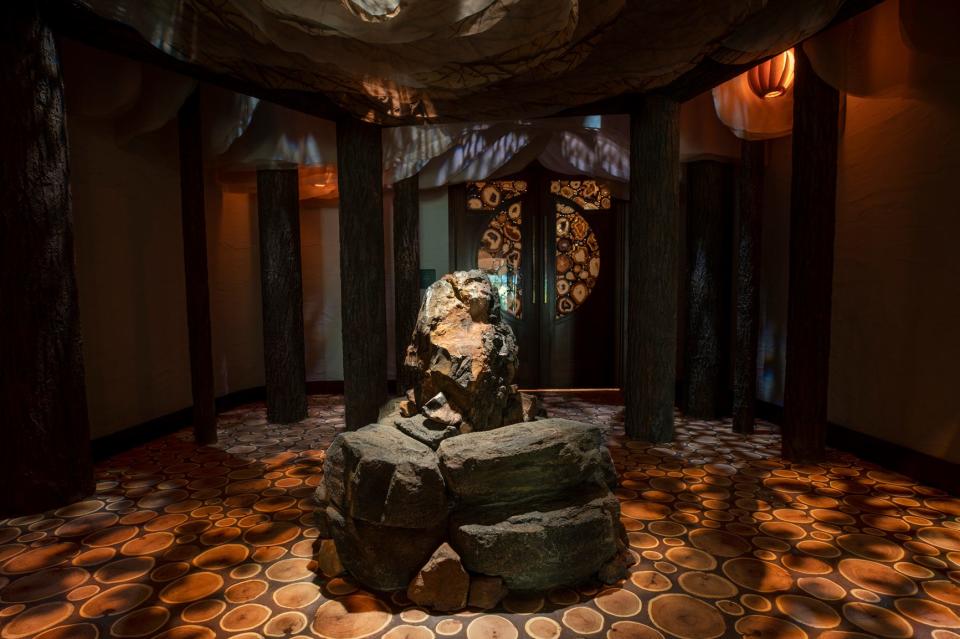 A Tenaya Stone, gifted by a Miwok elder descended of Chief Tenaya of the Yosemite Valley, is a focal point and place for guests to set their intentions at Disneyland Resort's Tenaya Stone Spa.