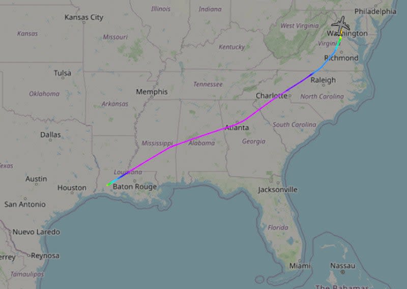 A track showing N154TS's flight to Dulles on January 17, 2024. <em>ADS-B Exchange</em>