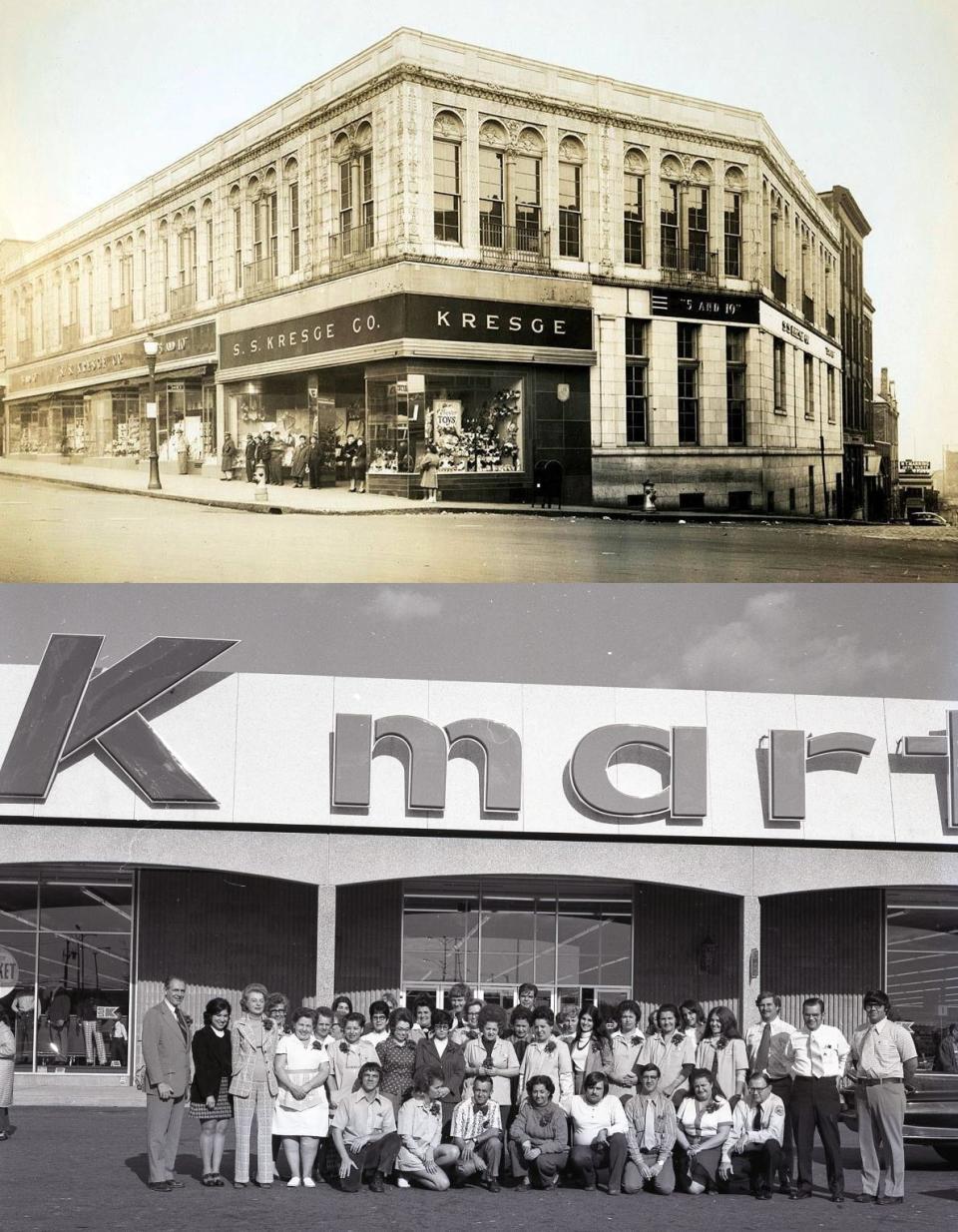 At top, an S.S. Kresge Co. store as it appeared in downtown Fall River. At bottom is a more modern Kmart, which opened in 1976 in the Harbour Mall.