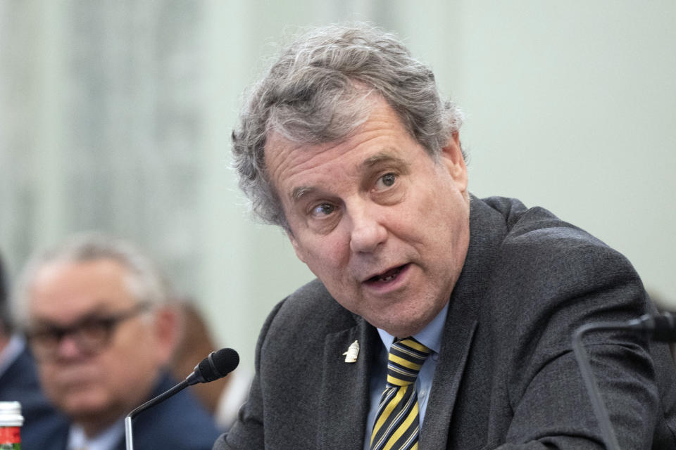 Sen. Sherrod Brown, D-Ohio, testifies before a Senate Commerce, Science, and Transportation Committee hearing on improving rail safety in response to the East Palestine, Ohio train derailment, on Capitol Hill in Washington, Wednesday, March 22, 2023. (AP Photo/Manuel Balce Ceneta)