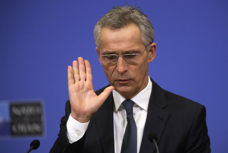 NATO Secretary General Jens Stoltenberg speaks during a media conference ahead of a NATO defense minister's meeting at NATO headquarters in Brussels, Monday, Feb. 15, 2021. (Olivier Hoslet, Pool via AP)