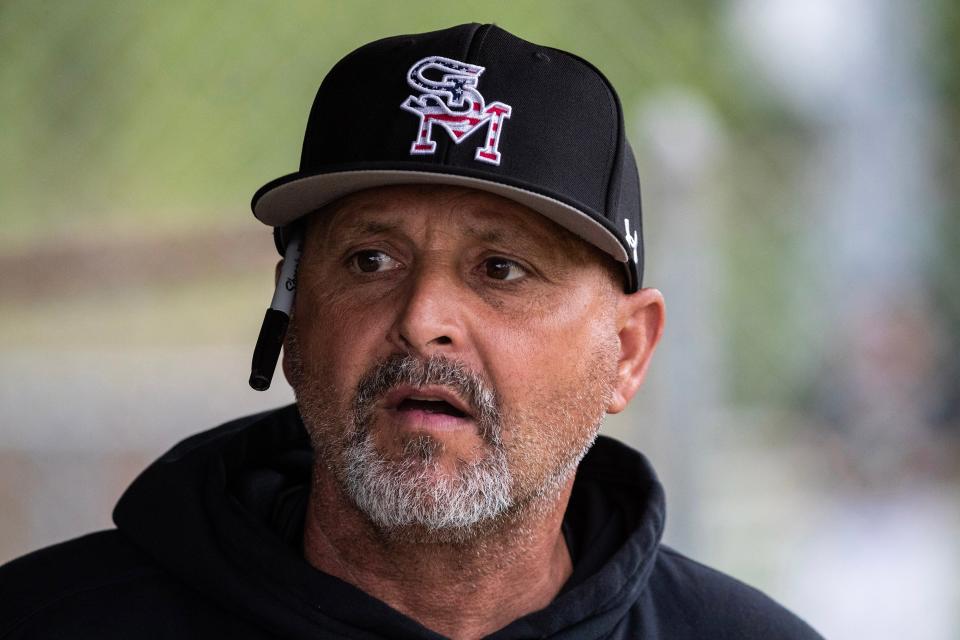 St. Mark's head coach Matt Smith reacts during the baseball game against Delaware Military Academy at the National Little League in Newark, Thursday, April 27, 2023. DMA won 4-0.