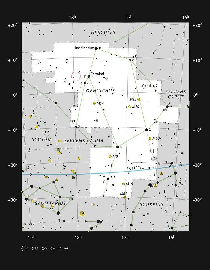 This chart shows the constellation of Ophiuchus and marks the location of Barnard's Star (ESO, IAU and Sky & Telescope)