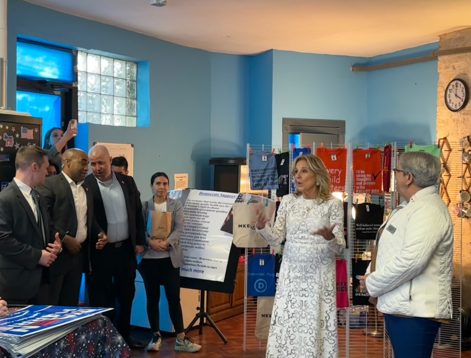 First lady Jill Biden visits the Democratic Party of Milwaukee County offices on Sunday, March 3, 2024. State Rep. Christine Sinicki, also the chair of the county party, stands beside her.