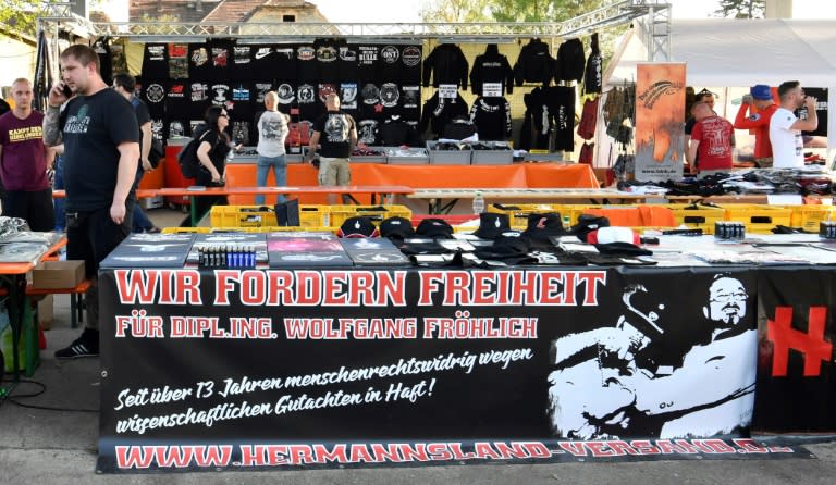 Far-right paraphernalia is on sale at the Shield and Sword neo-nazi festival, in the eastern German town of Ostritz where hundreds of neo-Nazis were gathering on April 20, 2018, which marks Adolf Hitler's birthday