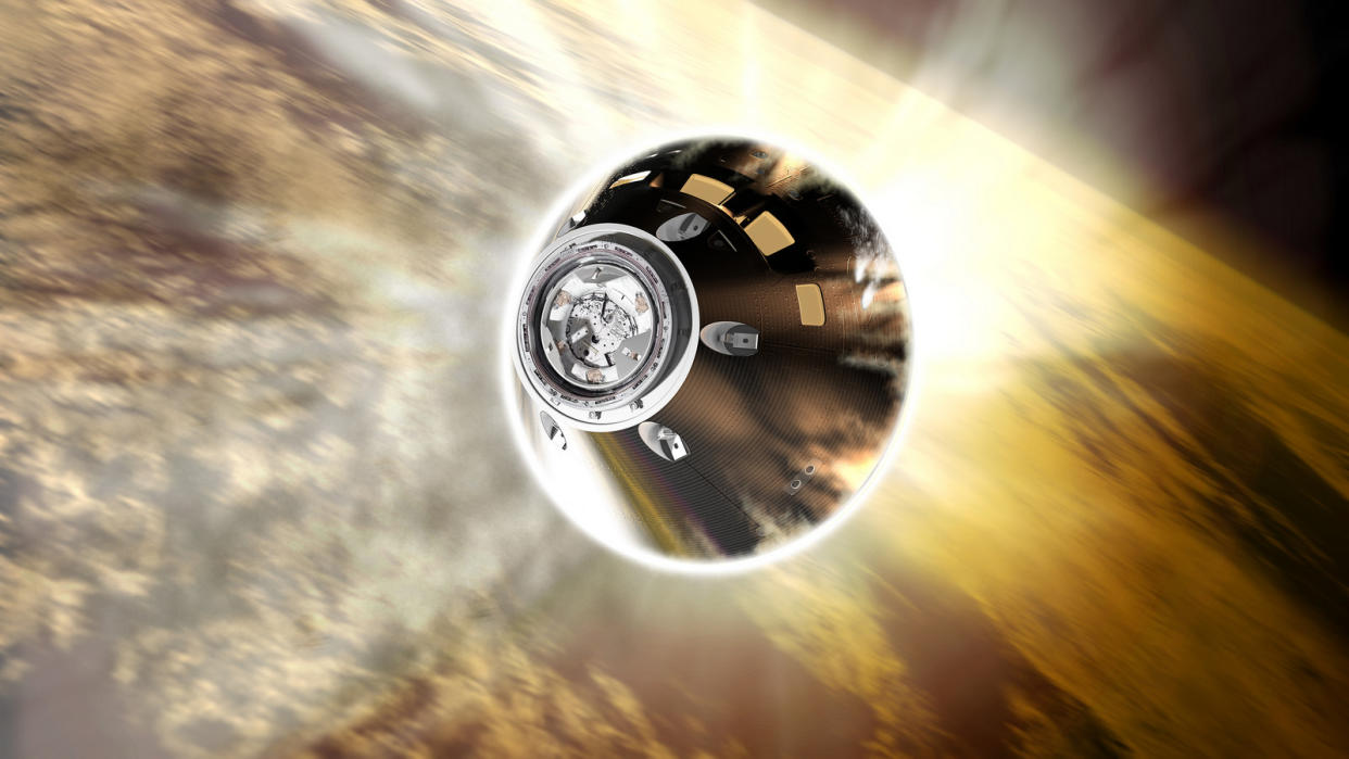  Illustration of a conical space capsule blazing through Earth's atmosphere. 