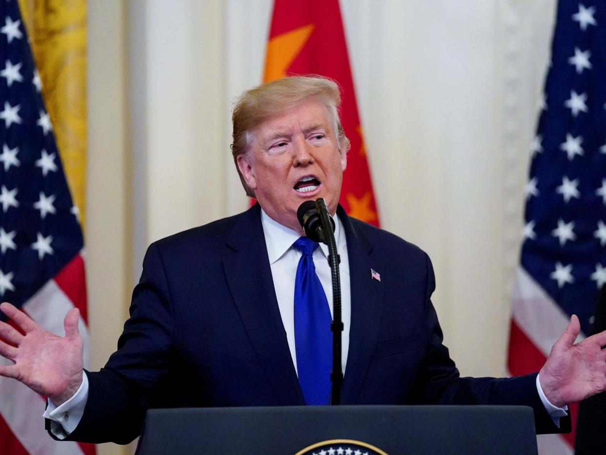 Donald Trump speaks in the East Room of the White House before the signing of 'phase one' of his new trade agreement with China on 15 January 2020: Kevin Lamarque/Reuters