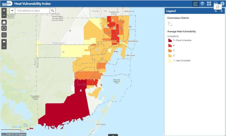 Miami-Dade County ran an analysis on which ZIP codes had the highest heat vulnerability, which factors in things like number of outdoor workers, number of people with children and the poverty levels of the area.