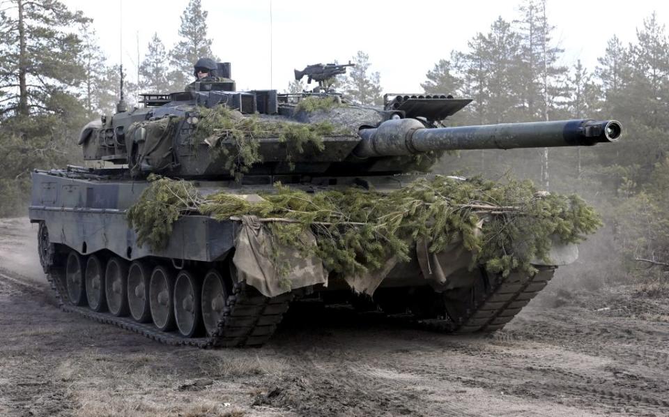 Picture taken on May 4, 2022 shows a Leopard battle tank of the Armoured Brigade during the Arrow 22 exercise at the Niinisalo garrison in Kankaanpää, western Finland.<span class="copyright">Heikki Saukkomaa / Lehtikuva—AFP via Getty Images</span>