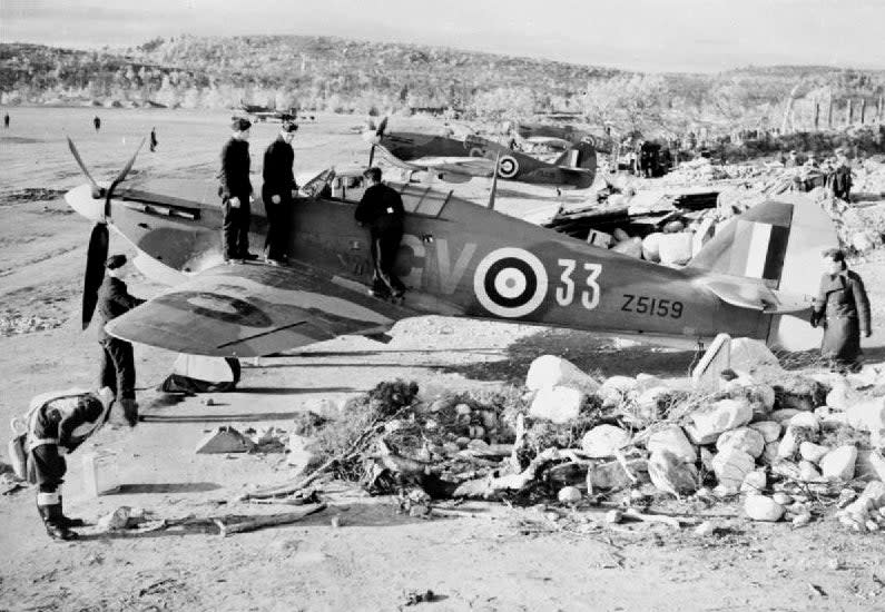 U.K. Royal Air Force Hurricane Mk IIBs at Murmansk-Vaenga airfield in the Soviet Union. <em>Imperial War Museum</em>