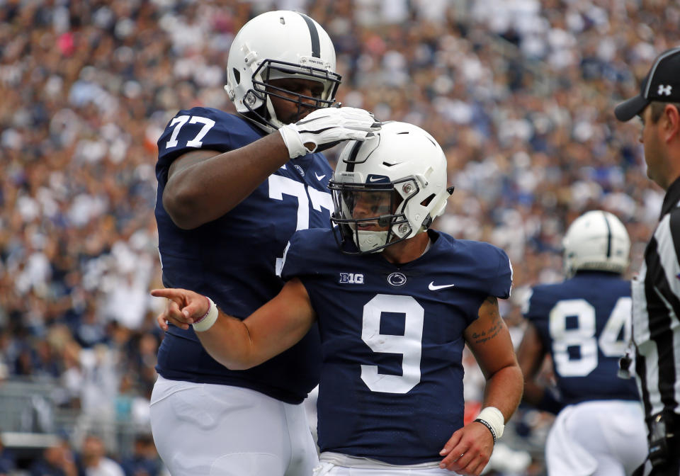 STATE COLLEGE, PA – SEPTEMBER 01: Trace McSorley #9 of the Penn State Nittany Lions celebrates after rushing for a 12 yard touchdown in the first quarter against the Appalachian State Mountaineers on September 1, 2018 at Beaver Stadium in State College, Pennsylvania. (Photo by Justin K. Aller/Getty Images)